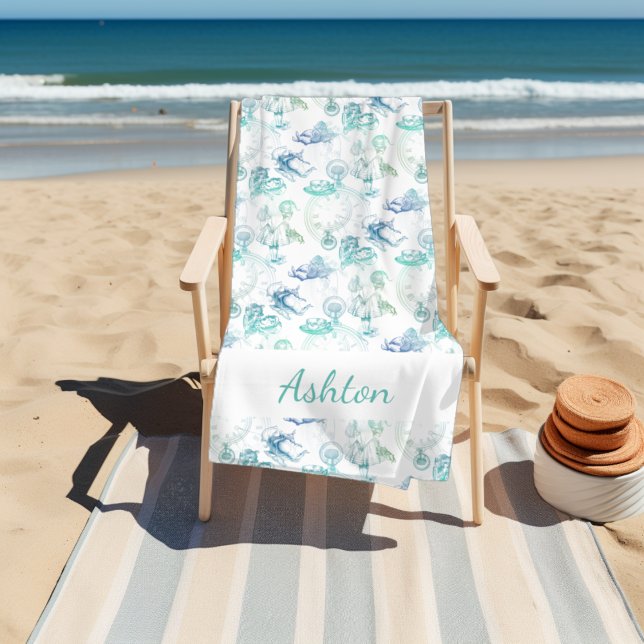 Toalha De Praia Alice no País das Maravilhas Tea Blue Aqua Name Be (Criador carregado)