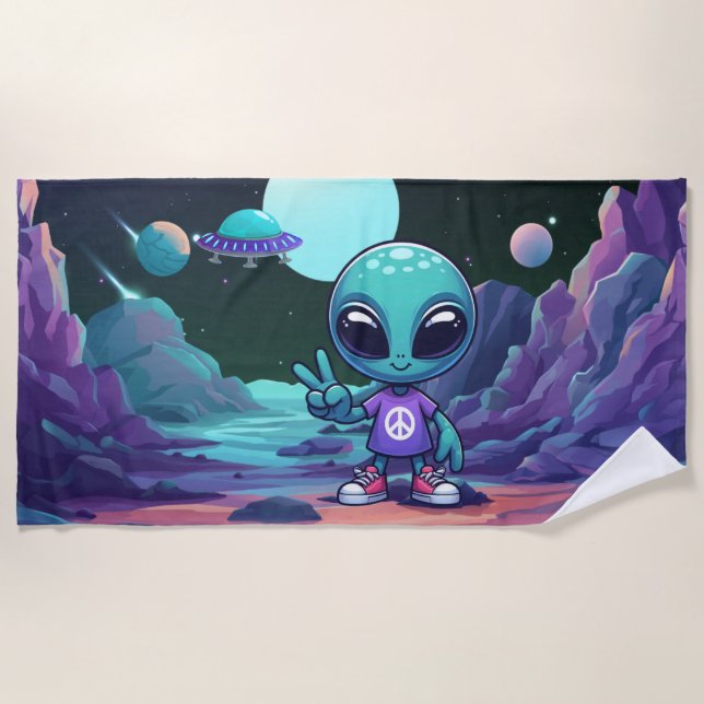 Toalha De Praia Alienígena de paz e nave espacial (Frente)