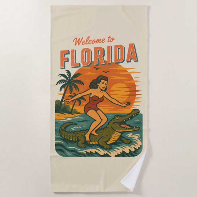 Toalha De Praia Alligator Surfing Beach Pin-up | Retro Coastal Art (Frente)
