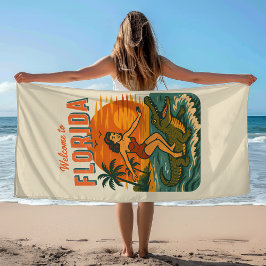 Toalha De Praia Alligator Surfing Beach Pin-up Retro Coastal Gator