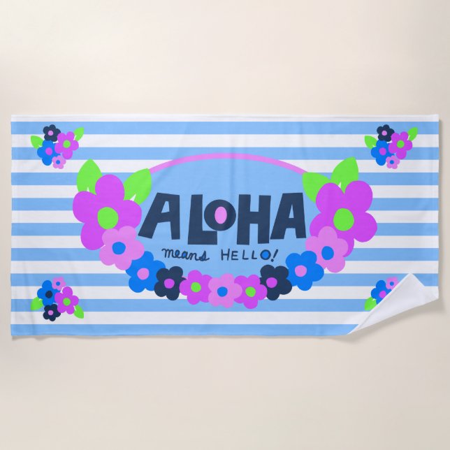 Toalha De Praia Aloha significa Hello Hawaiian Floral - Azul (Frente)