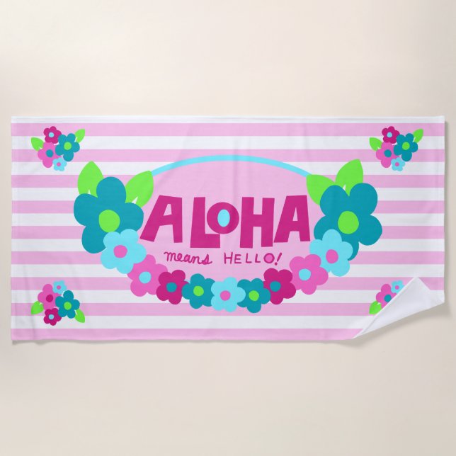 Toalha De Praia Aloha Significa Olá, Floral Havaiano - Rosa (Frente)