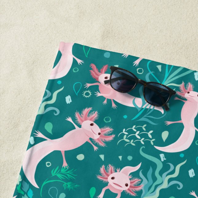Toalha De Praia Alotta Pink Axolotls em Teal Beach Towel (In Situ)