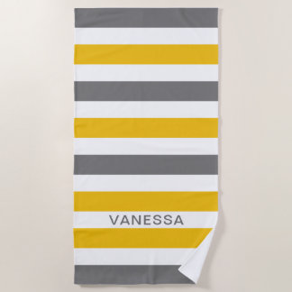 Toalha De Praia Amarelo, Cinza E Nome Branco Stripe Cabana