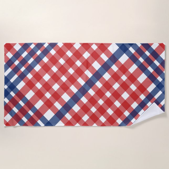 Toalha De Praia Americana de Xadrez vermelha, branca e azul Gingha (Frente)