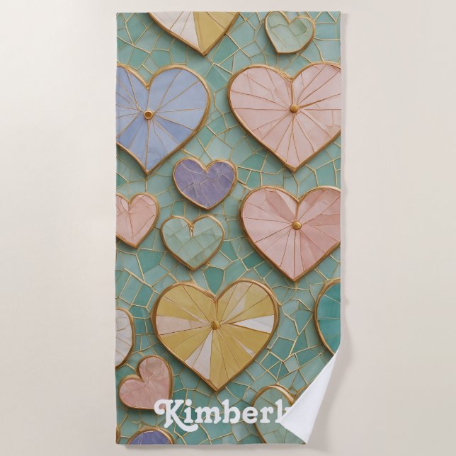 Toalha De Praia Amor Mosaico: Corações Pastel (Frente)