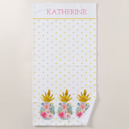 Toalha De Praia Ananás e Bolinhas tropicais, cor-de-rosa e Dourada