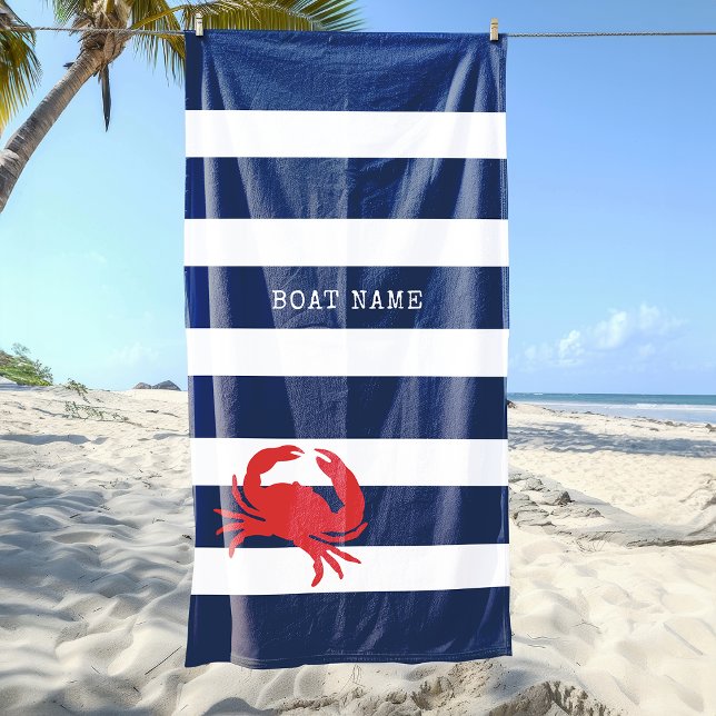 Toalha De Praia Anchor Marinho Azul Stripes Vermelho Nome do Caran (Anchor Navy Blue Stripes Red Crab Boat Name Beach Towel)