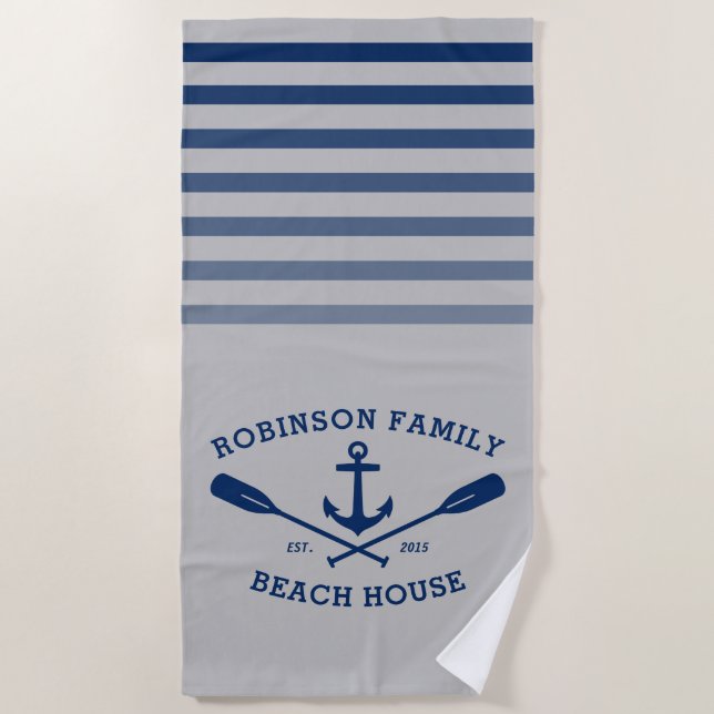 Toalha De Praia Anchor Oars Nome da família Beach House Cinza & Bl (Frente)