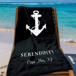 Toalha De Praia Âncora de barcos preto personalizado<br><div class="desc">Uma toalha de praia com tema náutico moderno para o seu barco que apresenta uma ilustração branca de uma âncora num fundo preto. Personalize o nome e a localização do seu barco em tipografia branca elegante.</div>
