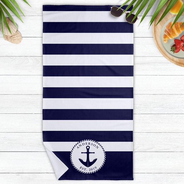 Toalha De Praia Âncora Náutica marinho Azul e Branco (Navy Blue and White Nautical Beach Towel with Anchor and Stripes - Type Your Text Before Ordering)