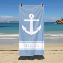 Toalha De Praia Âncora Náutica Nome Personalizado Azul Pó 
