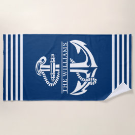 Toalha De Praia Âncora Náutica Personalizada Em Listras Azuis E Br