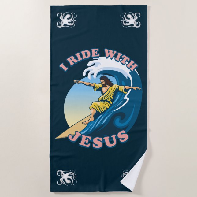 Toalha De Praia Andar com Jesus | Ilustração de Jesus surfando (Frente)