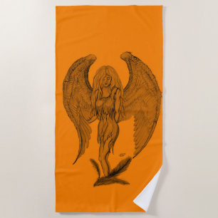 Toalha De Praia Anjo, Arte a Lápis, design preto e laranja
