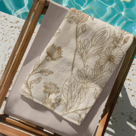 Toalha De Praia Antique Sepia Botanical Line Art Floral Pattern