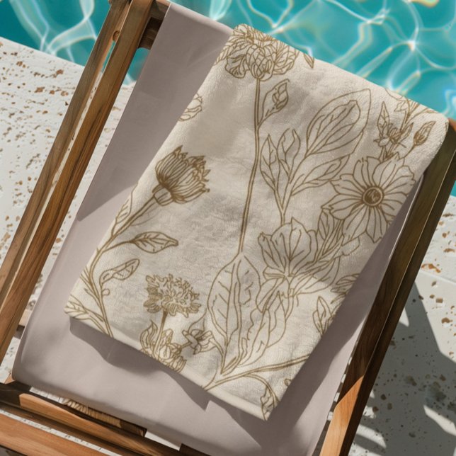 Toalha De Praia Antique Sepia Botanical Line Art Floral Pattern (Criador carregado)