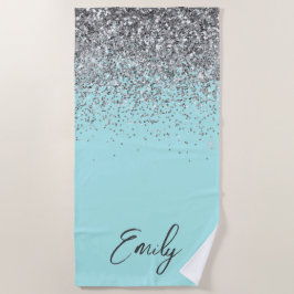 Toalha De Praia Aqua Azul Verde Prateado Glitter Monograma