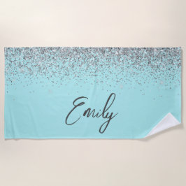 Toalha De Praia Aqua Azul Verde Prateado Glitter Monograma