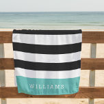 Toalha De Praia Aqua | Black & White Strike Personalizado<br><div class="desc">A toalha personalizada de praia,  em preto e aqua,  apresenta listras pretas e brancas largas e clássicas,  com seu nome ou escolha de personalização ao longo da base,  em letras brancas em negrito,  em uma banda de talho de turquesa de verão.</div>