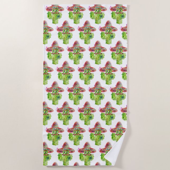 Toalha De Praia Aquarela Cactus Art Mustache Que Olhos Verdes (Frente)