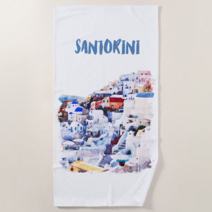 Toalha De Praia Aquarela da Grécia Santorini