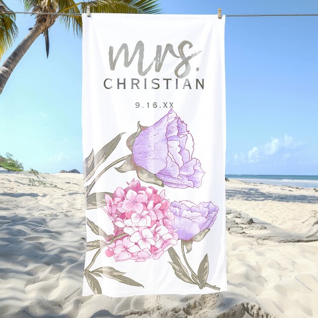 Toalha De Praia Aquarela Floral Sra Data (Watercolor Floral Mrs Date Beach Towel)