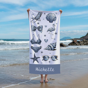 Toalha De Praia aquarela Nome Personalizado Tema Viagem de Verão  