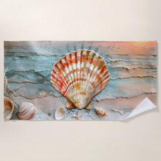 Toalha De Praia Aquarela Tranquila de Água do Mar com Pêssego e La