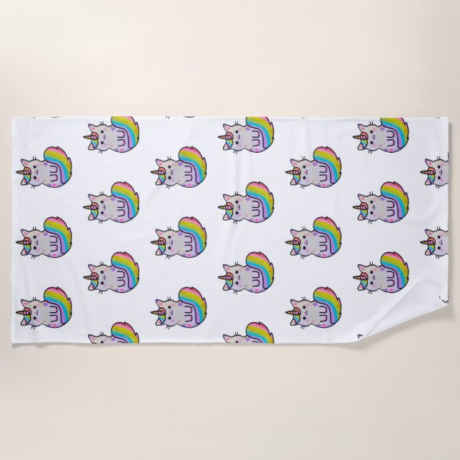 Toalha De Praia Arco-íris de unicórnio de gato bonito (Frente)