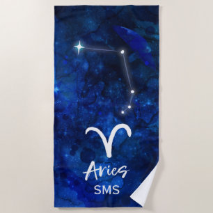 Toalha De Praia Aries Zodiac Constelação Blue Galaxy Monograma
