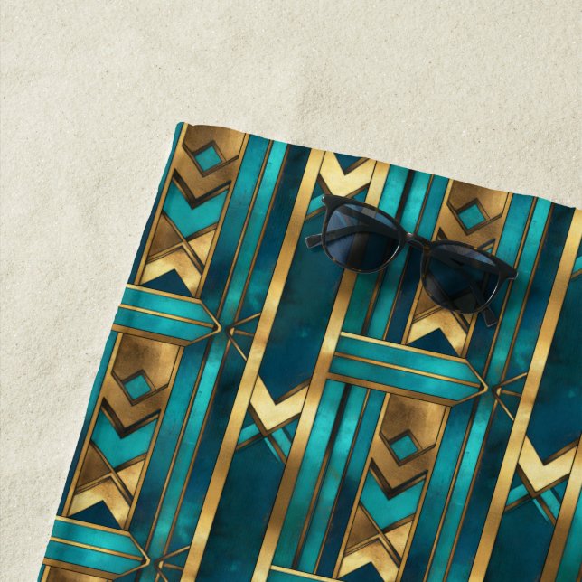 Toalha De Praia Art Deco Geometric Arrows, Gold and Turquoise (In Situ)