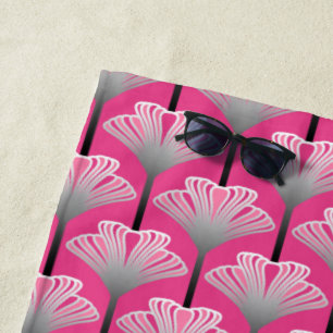 Toalha De Praia Art Deco Lily, Fuchsia Pink e Cinzas Prateadas