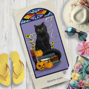 Toalha De Praia Art Nouveau Gato Preto Abóbora Roxo Outono Amarelo