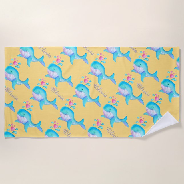 Toalha De Praia Arte de aquarela de baleia marinha nomeada areia-p (Frente)