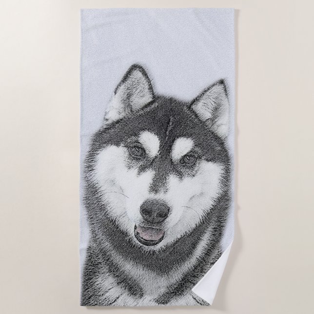 Toalha De Praia Arte de Cão Siberiana (Preto e Branco) (Frente)