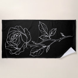 Toalha De Praia Arte de Linha de Rosa Minimalista – Flor Preta e B