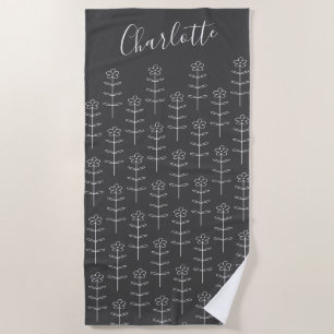 Toalha De Praia Arte de Linha Floral de Preto Canto Personalizada