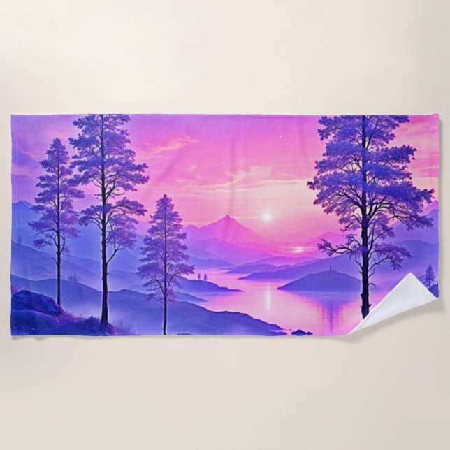 Toalha De Praia Arte de Paisagem Roxa (Frente)