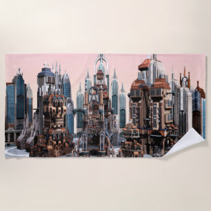 Toalha De Praia Arte de Paisagem Urbana Futurista Pastel Fantasia