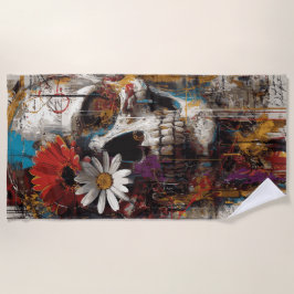Toalha De Praia Arte de Rua de Caveira com Flores Design Grunge Fl