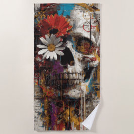 Toalha De Praia Arte de Rua de Caveira com Flores Design Grunge Fl