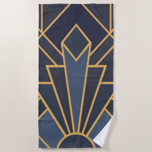 Toalha De Praia Arte Deco inspiração em azul e ouro