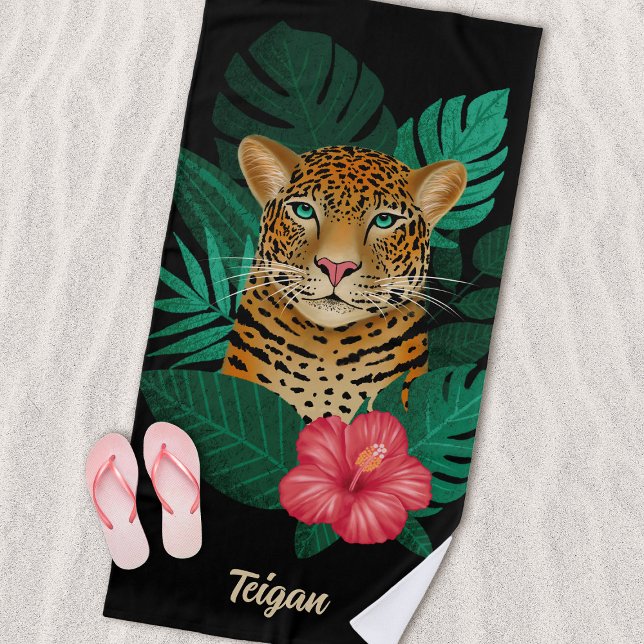 Toalha De Praia Arte Floral bonito de Leopardo-da-Selva | Preto |  (Criador carregado)