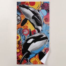 Toalha De Praia Arte Pop Orca Estilo de Rua Colorido Design Oceano