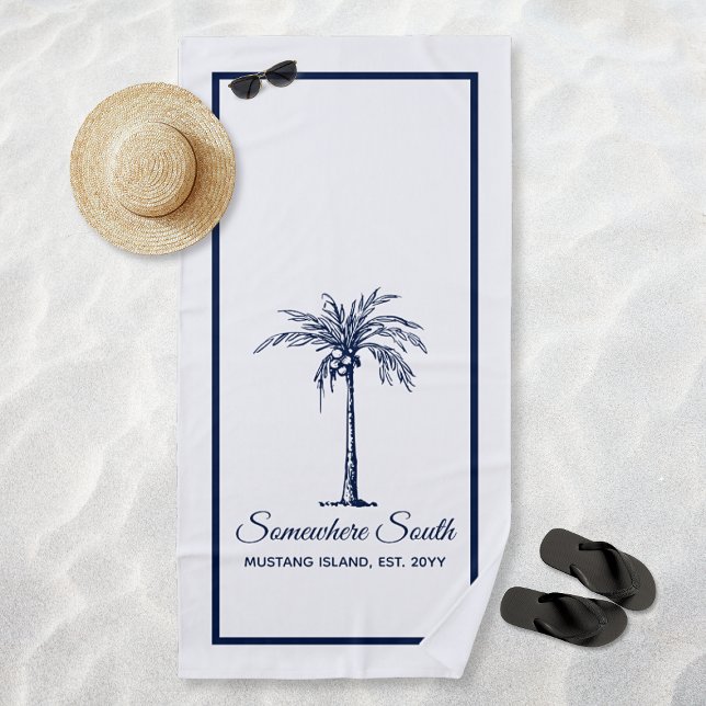 Toalha De Praia Árvore Palm Azul Elegante Personalizada (Elegant Blue Palm Tree Personalized Beach Towel)