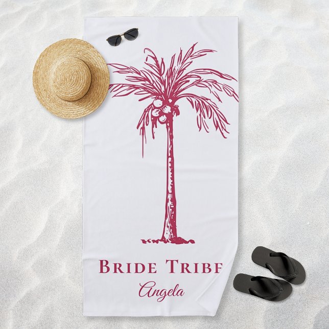 Toalha De Praia Árvore Tropical Palm Magenta de Tribo Brito Person (Bride Tribe Magenta Tropical Palm Tree Custom Beach Towel)