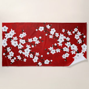Toalha De Praia Asia Floral White Chersom Red