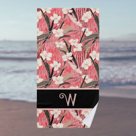 Toalha De Praia Asian Floral Pink Peach White Chinoiserie Monogram
