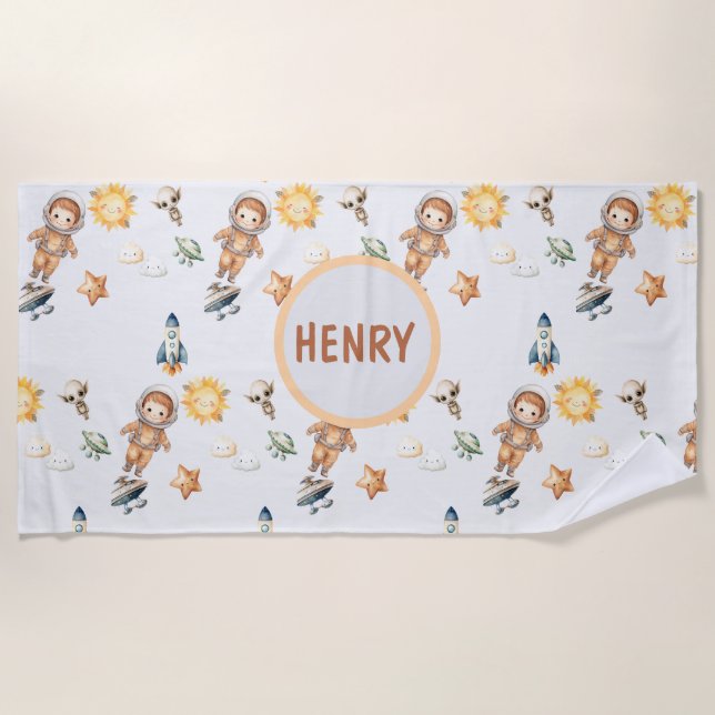 Toalha De Praia Astronauta Cinto e Aventura Espacial Adorável (Frente)